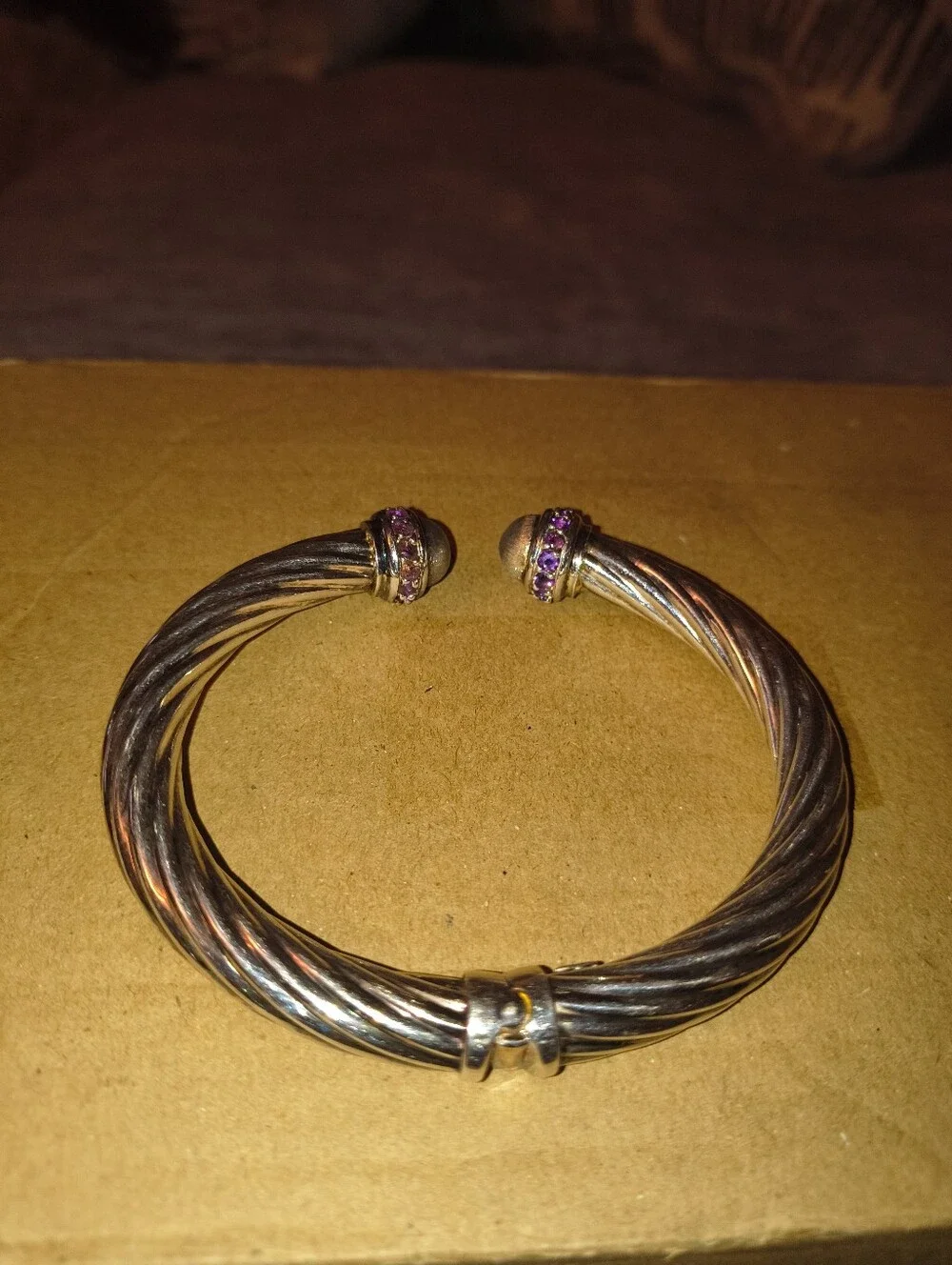 Sterling Twisted Cable Open Cuff Bracelet with Purple Accent Stones - Picture 1 of 1